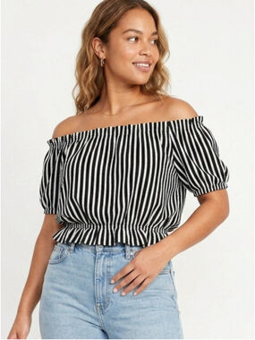 H&M Black and White Striped Off-Shoulder Puff Sleeve Crop Top LG boho Bardot 374